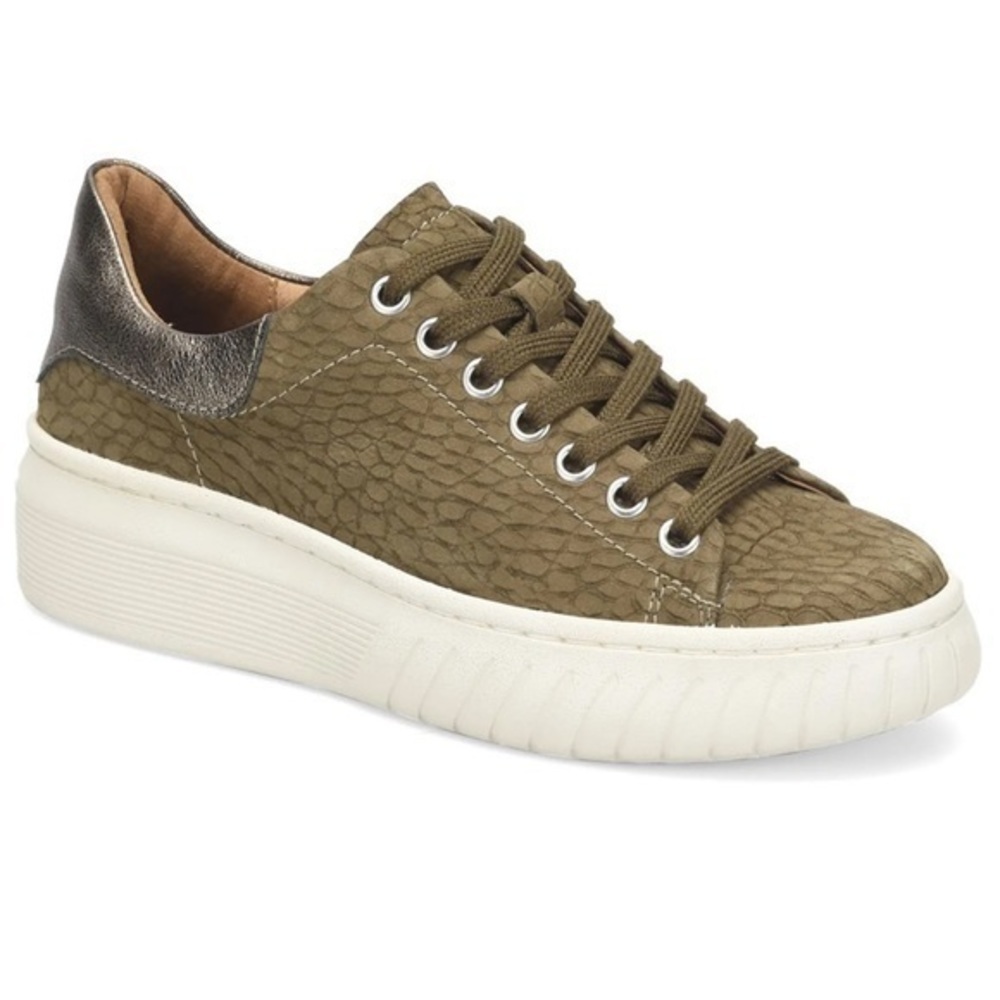 Sofft Olive Green Textured Leather Platform Sneaker with Metallic Heel